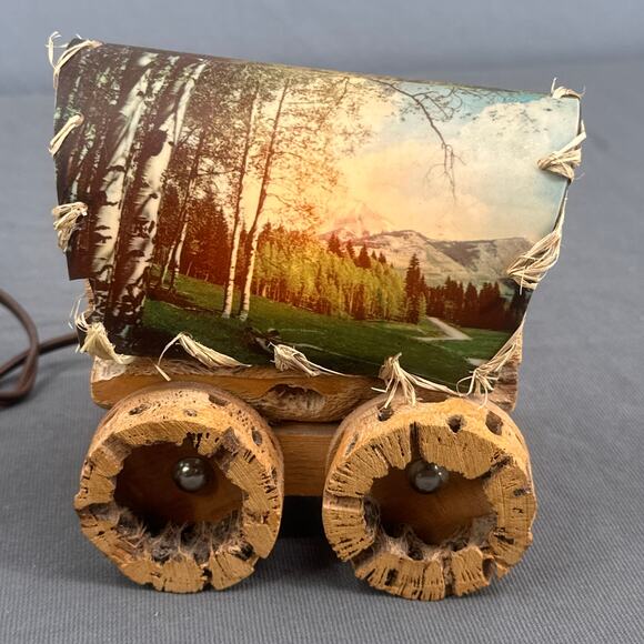 VTG Cholla Cactus Wood Covered Wagon Lamp 5" Rustic Southwest Deer Old West USA - Picture 2 of 16